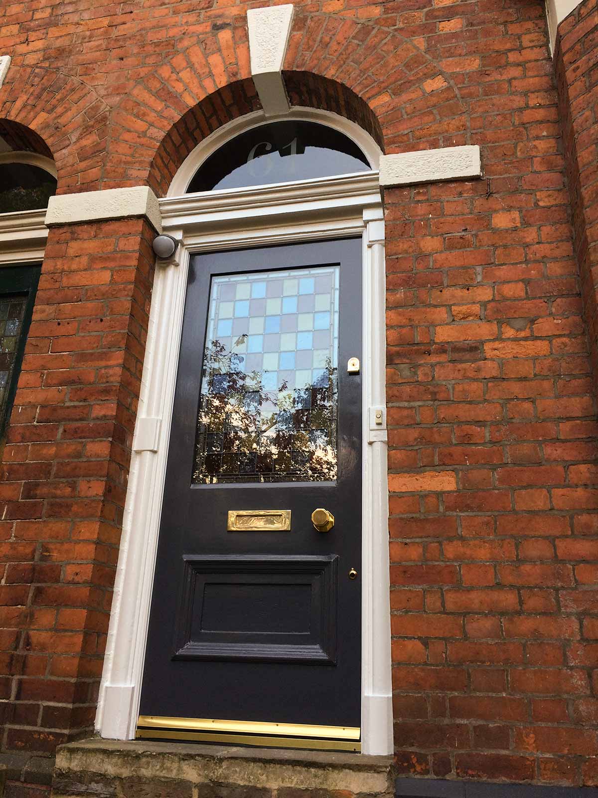 Victorian front door restoration with leaded glass