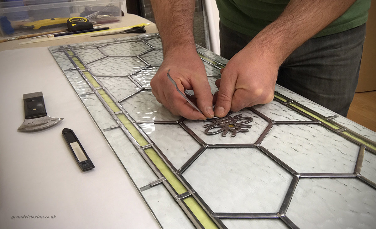Manchester Bee leaded glass panel in progress
