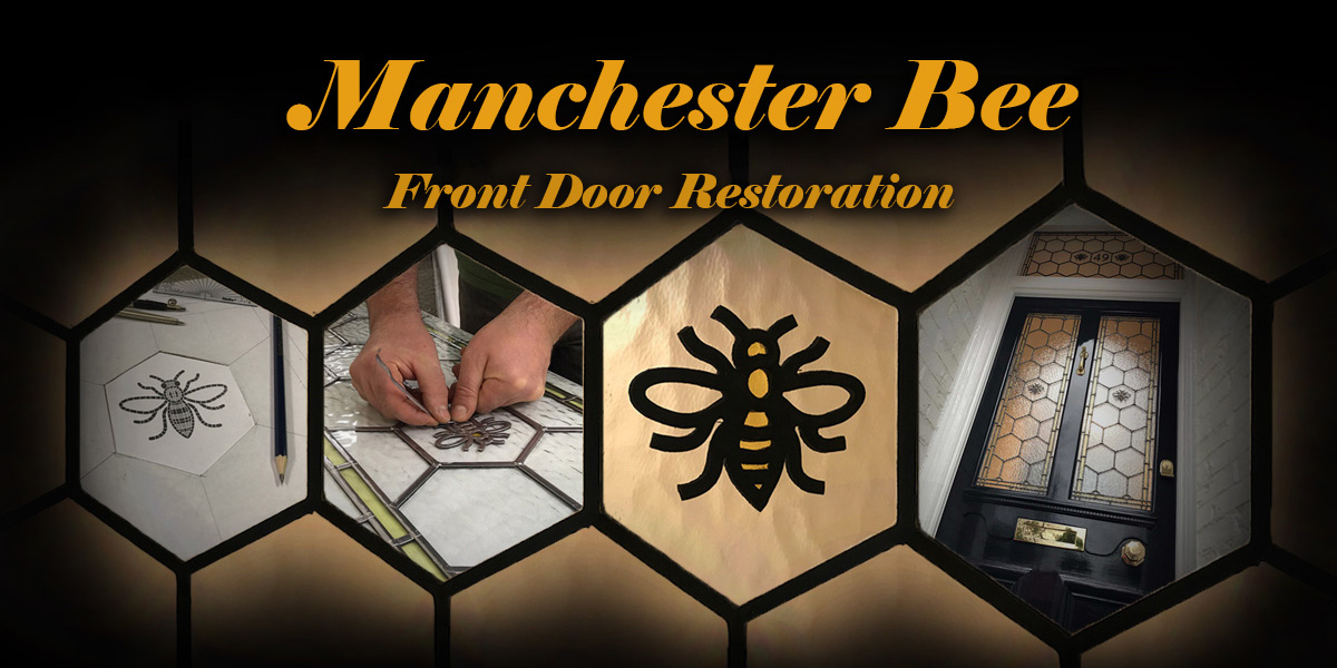 Manchester Bee leaded glass - Front door restoration - Blog cover