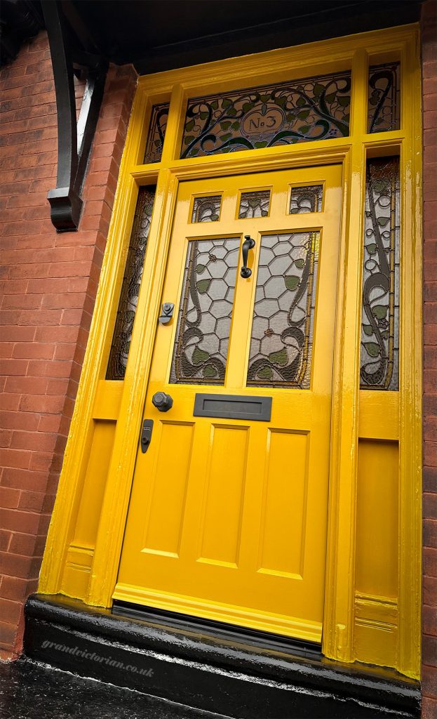 Yellow replica front door with leafy leaded glass in Stockport - 3SK42PS